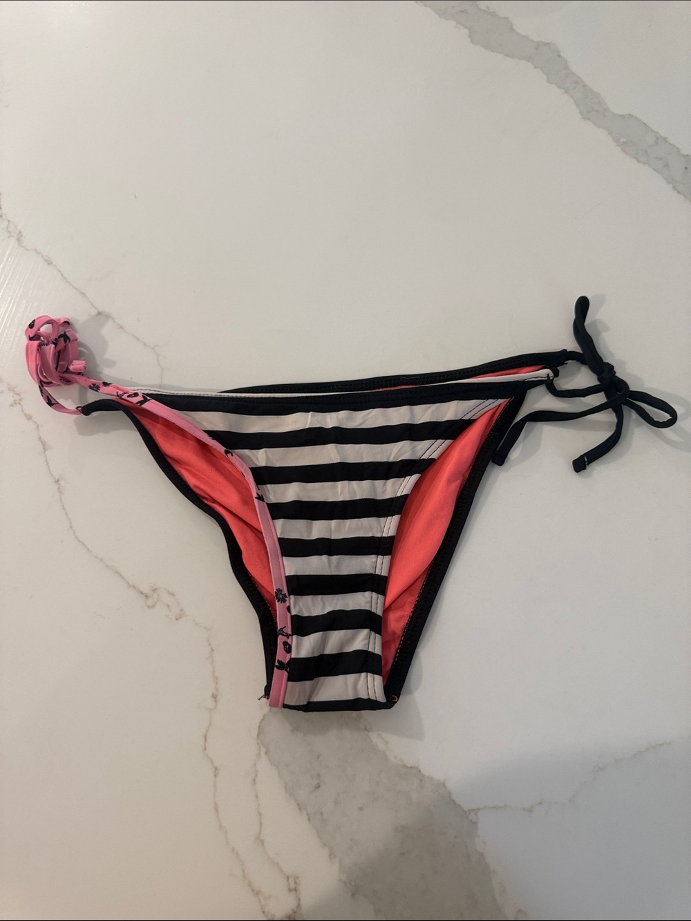 Volcom Black & White Striped Bikini Bottom with Pink Accents